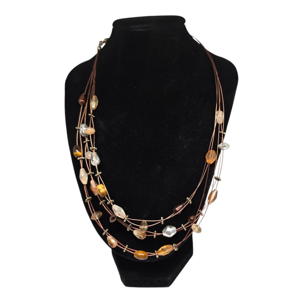 Boho Multi Strand Beaded Necklace Brown Cord Amber Gold Tone Stone Necklace - Picture 2 of 6